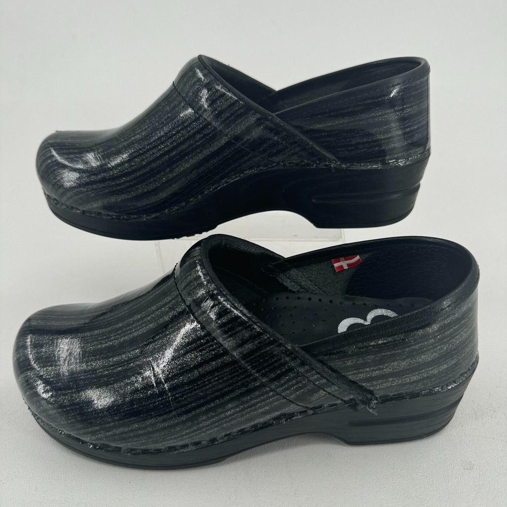 Sanita Danish Clogs Mules Shoes WOMENS Black Silver Glitter Leather Striped 37 - Picture 2 of 15